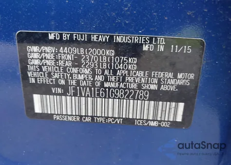 2016 Subaru Wrx Premium из США, поврежденный, VIN JF1VA1E61G9822789